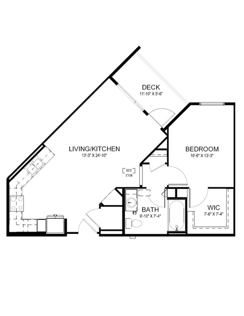 Floor plan for 1 bed, 1 bath, 735 sqft